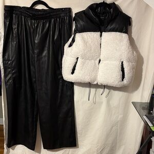 Black Faux Leather Wide-Leg Pants & Black/White Sherpa Puffer Vest